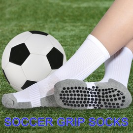Kids Grip Soccer Socks Boys Basketball Crew Socks Cushioned Athletic Non Slip Socks Girls Running Sports 7-10 Years Children 3 Pairs (Black+Blue+White, M)