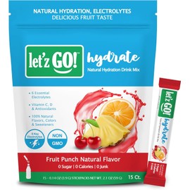 Let'z Go! Hydrate- Natural Hydration + Electrolyte Drink Mix- Hydration + Electrolytes + Antioxidant Powder Packets, Natural Flavors, Vitamins C + D | No Sugar | No Calories | (15 Count) Fruit Punch