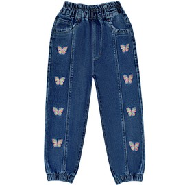 Peacolate 3-11 Years Kids Big Girls Loose Jeans Embroidered Butterfly Dark Blue Denim Pants Trousers(Butterfly,11-12years)
