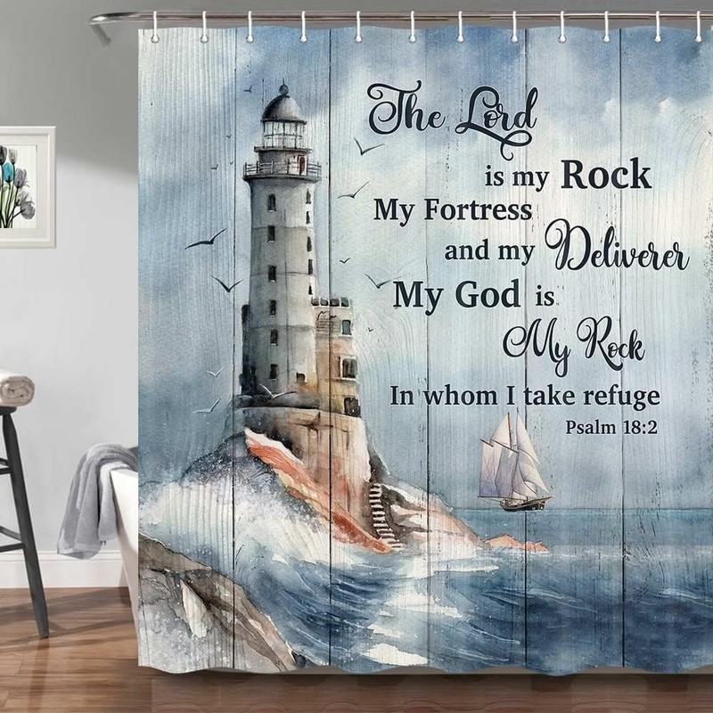 Bzhilja Ocean Lighthouse Shower Curtain, Coastal Nautical Sunrise Beach Seascape
