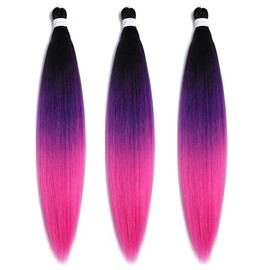 Pre Stretched Braiding Hair 26 Inch Ombre Red Kanekalon Braiding Hair Extensions Hot Water Setting Crochet Box Braids Hair (26 Inch (Pack of 3), Black-Purple-Rose Red)