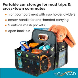 High Road Car Seat Caddy Organizer with Cup Holders - Middle Seat Car Organizer for Kids or Passenger Seat Organizer for Drivers - Portable Car Storage Bin with Easy Carry Handle (Starry Night)