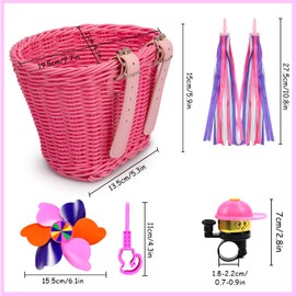 AFAIK Bicycle Basket Children's Bicycle Basket Braided for Girls and Children Front Bicycle Basket Children with Leather Straps, Streamers, Bicycle Bell, Windmills (Pink)
