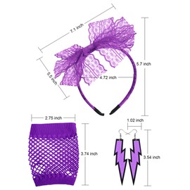 Blulu 80 Years Lace Headband Neon Earrings Fingerless Fishnet Gloves for 80 Years Party (Purple)