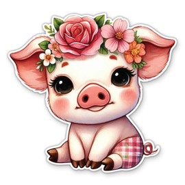 Pig with Flowers Sticker - for Water Bottle Phone Car Tumbler Laptop - Cartoon Pig Decal - Waterproof Vinyl - 3"