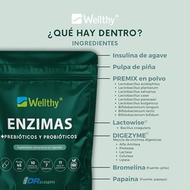 Wellthy Enzimas Digestivas 90 Cápsulas. Reforzado con Prebioticos y Probioticos. 10 Billones de Porbioticos 11 Cepas, 7 Enzimas, Bottle Free.