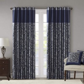 Madison Park - MP40-4896 Aubrey Faux Silk Paisley Jacquard, Rod Pocket Curtain with Privacy Lining for Living Room, Kitchen, Bedroom and Dorm, 50" x 84", Navy