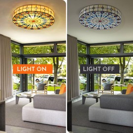 MORE CHANGE 20" Vintage Tiffany Style Ceiling Light, 4-Light Hand-Made Stained Glass Flush Mount Chandelier Lighting Fixture for Bedroom Dinning Room Farmhouse Kitchen Island