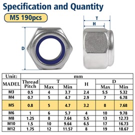 Vifmy - Juego de 190 tuercas de bloqueo hexagonales de nailon M5-0,8 mm, tuercas de bloqueo de acero inoxidable 304 A2-70, tuercas de bloqueo de rosca métrica estándar