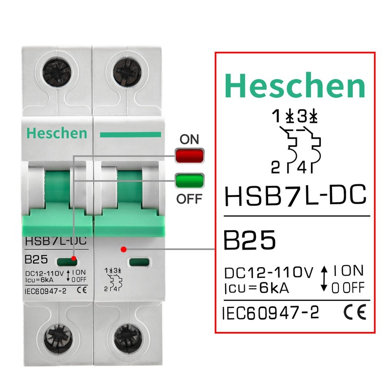 Heschen DC Miniature Circuit Breaker, HSB7L-DC, 2 Poles, DC 12-110V