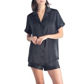 Fishers Finery Women's 100% Mulberry Silk Pajama Set; Short Sleeve (Black, M)