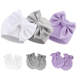 AQOKKA 3 PCS Baby Girl Hats with Bow Newborn Beanies Baby Girl Infant Caps Baby Mittens Newborn Hats for Baby Girls 0-6 Months