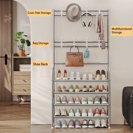 YIZAIJIA Coat Rack Shoe Rack With Storage Shelf Freestanding with 8 Hooks for Entryway Bedroom Closet 4 Tier, Grey
