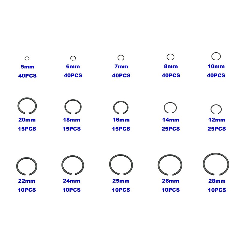 Metric 15-Sizes Round Wire C-Clips External Retaining Rings Assortment Kit;Round