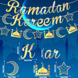 Ramadan Kareem Banner, 3 Sets Eid Mubarak Banner Hanging Garlands, Ramadan Decorative Moon Star Castle Garland for Muslim Islamic Ramadan Kareem Party Decor (Gold Laser)