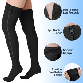 Sosation 2 Pairs Zipper Compression Socks Thigh High 20-30 Mmhg Compression Socks Closed Toe Thigh High Support Stockings for Pregnancy, Post-surgery, Swelling, Sports(Beige,Large)
