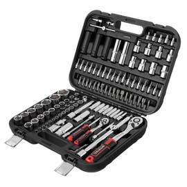 INTERTOOL Metric Socket Set, 1/4” & 1/2” Drive, 111-Piece, Impact Sockets Cr-Mo, Quick Release Ratchets, Extensions, Adapters, Bits, Screwdriver, Metal Latch Hard Case, Tool Gift, ET08-8111