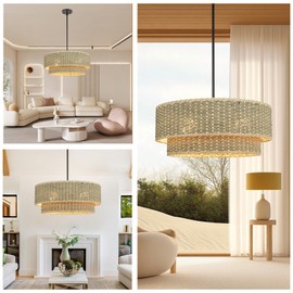 Prime Ray 20 in. 4-Light Handwoven Rattan Seagrass Chandelier, Adjustable Coastal Farmhouse Double Drum Pendant Light Fixture for Dining Room, Kitchen Island, Living Room, Hallway