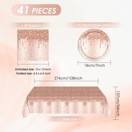 41Pcs Rose Gold Birthday Party Decoration Rose Gold Theme Birthday Party Supplies Birthday Tableware Includes 20 Plates 20 Napkins and 1 Tablecloth for Girls Women Birthday Disposable Party Favors