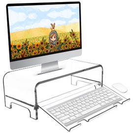 AMT 2 Tier 5.7 Inch High Acrylic Laptop Monitor Stand & Computer Riser with Cat Keyboard Protector, Space-Saving Design, Extra Storage, Clear Shelf - Ideal for Monitors, Laptops, Printers, Desktop Decor