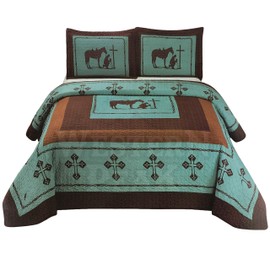 Western Peak 3 Pc Luxury Western Texas Cross Praying Cowboy Horse Cabin Lodge Barbed Wire Luxury Quilt Bedspread Oversize Comforter (Oversize King, Turquoise Teal)