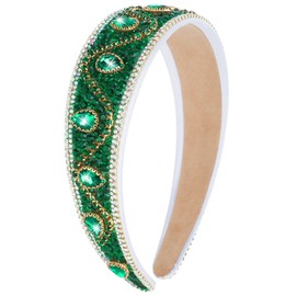 Oblihumoy Green Rhinestone Headband for Women and Girls Bling Sparkly Crystal Diamond Hair Band Wide Padded Glitter Beaded Hairband Fashion Hair Accessories for St Patrick's Day Party Birthday Gift