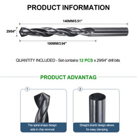 METALLIXITY Drill Bit (29/64") 12Pcs, 4241 High-Speed Steel Straight Shank Nitriding Black 118° for Wood Plastic Iron Copper Aluminum Low Soft Metal