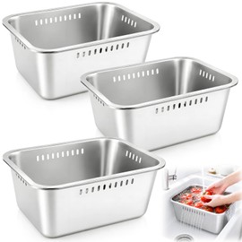 3 Pack Dish Pans for Kitchen Sink, Stainless Steel, 10L, 4-Side Drain Holes