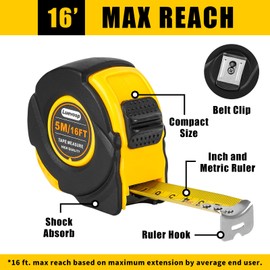 Luevosp Tape Measure 16-Ft(5m) with Inch and Metric Ruler, Compact Size, Shock Absorb, Retractable (B50225)