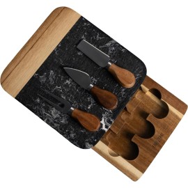 Cheezcare Black Marble Cheese Board - Acacia Wood - 3-Knife Set - Charcuterie