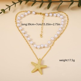 Starfish Necklace Gold Sea Star Pearl Chain Choker Gold Pearl Beachy Necklace Layered Pearl Beaded Chain Star Pendant Statement Necklace Jewelry Gift for Women (gold)