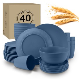 Wrova 40Pack plates and bowls sets for kids - Unbreakable wheat straw dinnerware sets service for 8 - Alternative plastic 40pcs dishes for kitchen, camping and indoors dinning - (Blue)