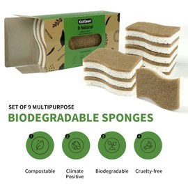 KICKLEEN 9 Pack Biodegradable Natural Kitchen Sponge - Compostable Cellulose and Coconut Walnut Scrubber Sponge - Eco Friendly Sustainable Sponges for Dishes