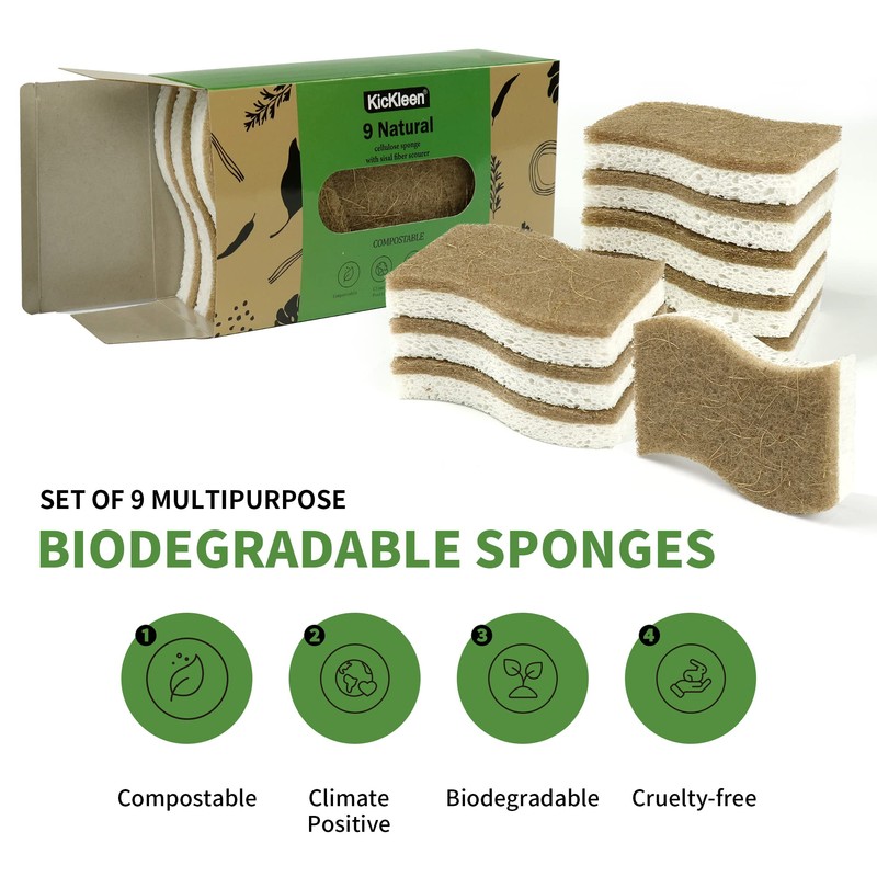 KICKLEEN 9 Pack Biodegradable Natural Kitchen Sponge - Compostable Cellulose