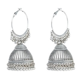 Antique Indian Jhumka Bell Dangle Drop Hoop Statement Earrings Oxidized Ethnic Bollywood Jhumki Dangling Huggie Hoops Earring Boho Jewelry Gifts for Women Birthday (Silver)
