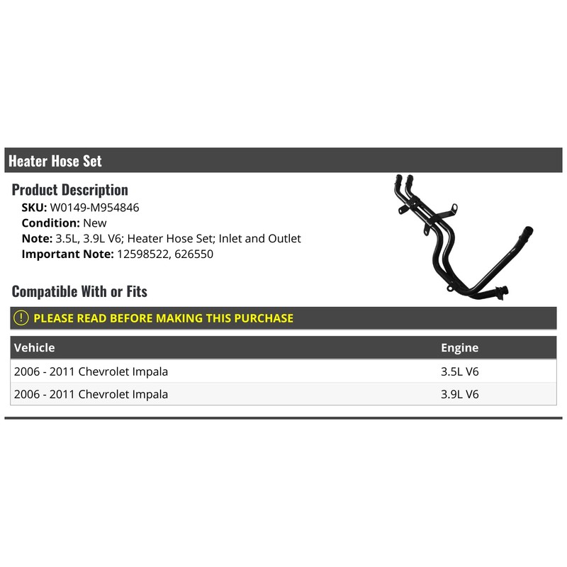 Heater Hose Set - Inlet and Outlet - Compatible with
