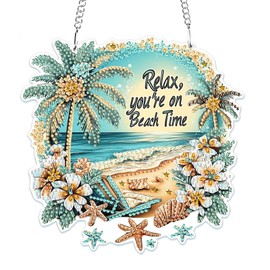 MOGTAA Beach Diamond Art Hanging Pendant Kits, 5D Special Shape Diamond Art Kits for Adults, Crystal Rhinestones Landscape Diamond Painting Gem Art for Home Garden Wall Decor