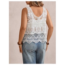 SOLY HUX Women's Plus Size Crochet Tank Tops Hollow Out Knit Scoop Neck Sleeveless Sheer Vacation Summer Top Plain White Large Plus