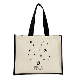 Pisces Zodiac Star Sign Jute Tote Bags - Astrology Horoscope Gifts for Women - Cotton Canvas Reusable Bags for Work, Shopping, Books - Astrological Star Sign Gifts for Her - Black