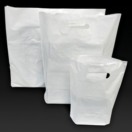 JeeJaan® 25 Pcs of White Plastic Carrier Bags 15"x18"+3" - Strong Patch Handle Bags Ideal for Boutiques Clothes, Jewellery, Gifts, Retail and Shopping