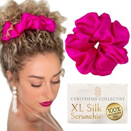 Curlfriend Collective Hair Scrunchies for Women, Extra Large Silk Scrunchies for Curly Hairs, Silk Ties No Damage for Thick Hairs, Hair Accessories, Ponytail Holders - Hot Pink Peony, XL
