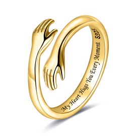 LOVECOM S925 Sterling Silver Hug Rings for Women Adjustable Hugging Hands Open Ring for Men Promise Rings Jewelry Birthday Mothers Day Gifts for Dad Mom Wife Daughters Grandma Best Friend, US Size 8,