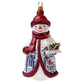 Joy To The World Glitterazzi Red and Silver Snowman Holding Sleigh Polish Glass Ornament