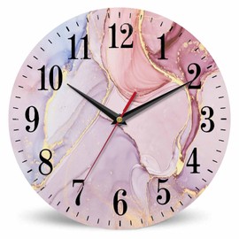 Mxocom Pink Fluid Art Painting Wall Clock Luxury Abstract Transparent Waves and Golden Swirls 10 Inch Silent Non Ticking Battery Operated clock Vintage Round clock for living room Bedroom Office decor
