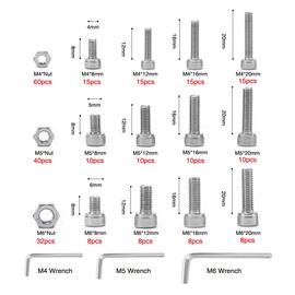 YIXISI 267 Pieces M4 M5 M6 Stainless Steel Hex Screws Assortment Kit, Hex Head Screws Screws Set with 1 Piece Hex Key