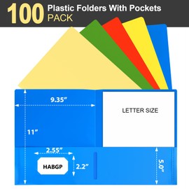 Habgp 100 Pack Plastic Folders with Pockets, 5 Color Heavy Duty Two Pocket Folder Business Card Holder for Office High School, Business Resume