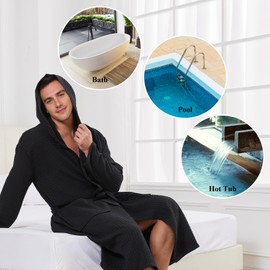 FashGudim Mens Hooded Waffle Robe Kimono Soft Lightweight Shower Spa Bathrobe(Black,3XL/4XL)
