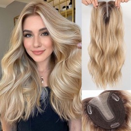 HAIRCUBE 18 inch Wavy Hair Toppers for Women Heat Resistant Fibre Synthetic 5 * 5.3 Inch Swiss Base Toppers Hair Pieces for Women with Thinning Hair(Light Blonde & Honey Blonde highlight)