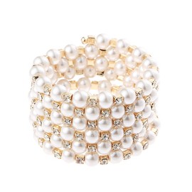 Asphire Vintage Great Gatsby Pearl Bracelet Multi-Layered Chunky Pearl Crystal Elastic Bangle Bridal Wedding Jewelry 1920s Flapper Prom Party Costume Accessories for Women, Gold