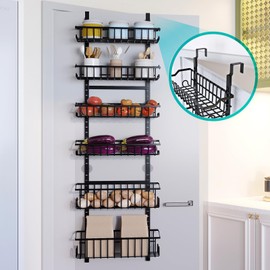 Curtainboro 6-Tier Over The Door Pantry Organizer, Metal Door Hanging Spice Storage Rack Adjustable Hanging Door Organizer With Detachable Baskets for Kitchen, Bathroom, Bedroom